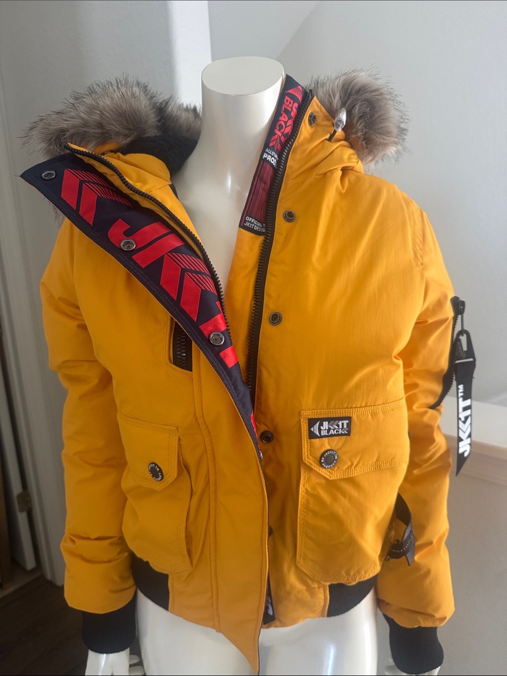 JKIT Black Yellow Hooded Puffer Jacket with Fur Trim